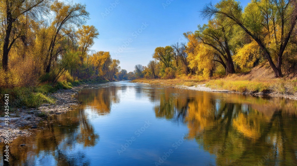 Obraz premium Colorful Trees Reflect on a Clear River Under a Wide Sky During Autumn Season by the Riverside in a Serene Landscape