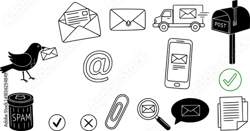 Set of mail and email doodle elements with black color on a white background
