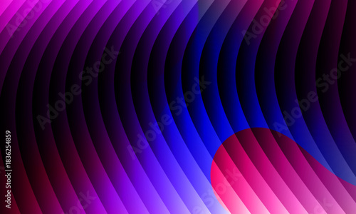 Neon ripple glass gradient in magenta, violet, ember orange on deep midnight. Sharp ribbed distortion, cinematic glow; futuristic texture background, vector illustration