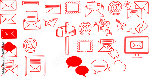 Set of mail and email doodle elements with black color on a white background
