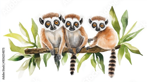 Andasibe-Mantadia NP. Andasibe-Mantadia NP hand drawn watercolor illustration on white background