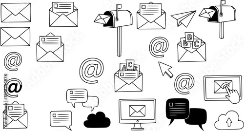Set of mail and email doodle elements with black color on a white background

