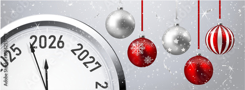 New Year's Eve 2026. Clock with christmas balls. Vector illustration