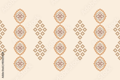 Design of cream brown color background with ethnic pattern traditional motif ikat geometric fabric pattern cross stitch Ikat embroidery oriental pixel,abstract,vector,texture art.