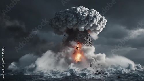 Massive Underwater Nuclear Explosion Creates Huge Mushroom Cloud Over Dark Ocean.