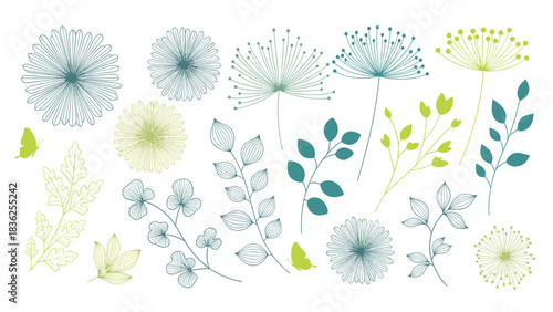 Elegant Botanical Illustration: Floral and Foliage Design with Delicate Lines and Soft Colors, Perfect for Wallpaper or Pattern Design with butterflies