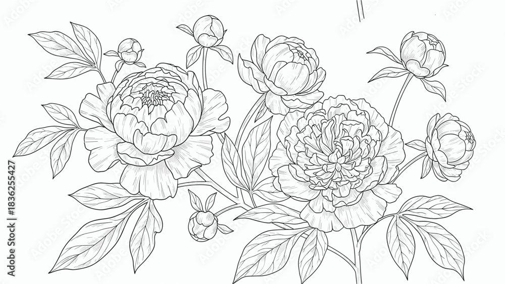 Fototapeta premium Elegant Peony Outline Illustration: Botanical Drawing with Buds and Leaves for Coloring Book, Decoration, or Design Projects featuring floral beauty and simplicity.