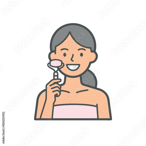 Smiling Woman With Gray Hair Performing Facial Massage With Jade Roller and Wearing Pink Towel