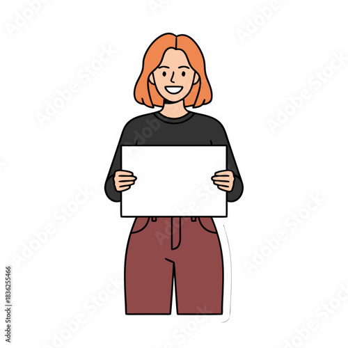 Smiling Woman With Reddish Brown Hair Wearing A Mint Green T Shirt Holding A Blank White Sign With Open Palms And Shrugging With A Neutral Background