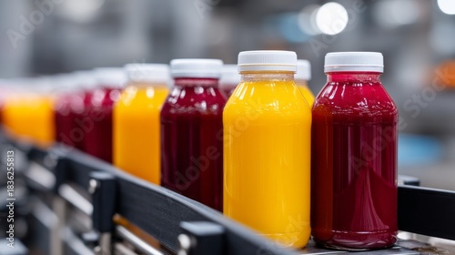 Colorful bottles of juice move swiftly along a conveyor belt in a busy production facility. Workers oversee the fast-paced operation, ensuring high quality and efficiency