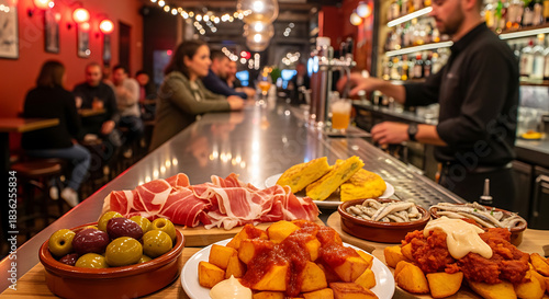 A vibrant Spanish tapas bar with a delicious spread of food on the counter and people socializing in the background.