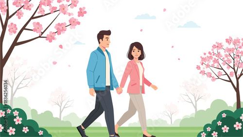 Couple Walking Hand-in-Hand Under Blooming Cherry Blossom Trees in Springtime, Enjoying a Romantic and Peaceful Stroll in the Park Together