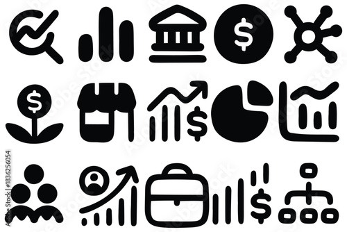 Hand-drawn cartoon set of business interface icons on a white background.