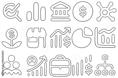 Hand-drawn doodle set of business interface icons on a white background.