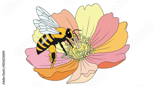 Illustration of a Bee Collecting Nectar from a Flower with Colorful Petals, Depicting Nature's Harmony and Pollination in a Simple Graphic Style.