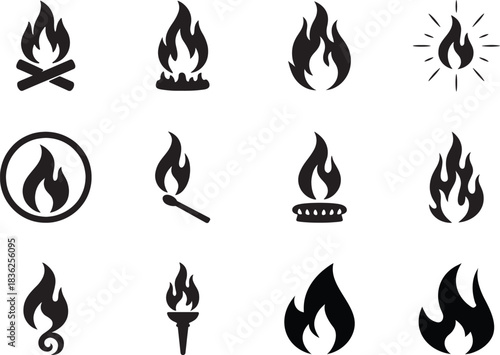 Bold fire icon set in silhouette style, ideal for safety signs, heat concept, emergency, app and web graphics.