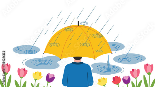 Man with Yellow Umbrella in the Rain, Surrounded by Colorful Tulips and Puddles, Representing Spring Showers and Protection