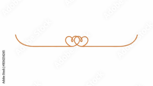 Continuous line drawing vector divider with two linked hearts ornament. Minimalist rose gold graphic isolated.