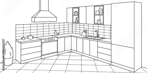 Kitchen room graphic black white home interior sketch illustration vector 