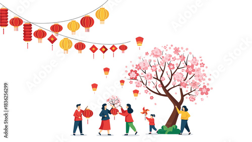 Lunar New Year Celebration with Family and Cherry Blossoms: Red and Yellow Lanterns Illuminate Festive Scene, Symbolizing Prosperity, Joy, and Cultural Richness