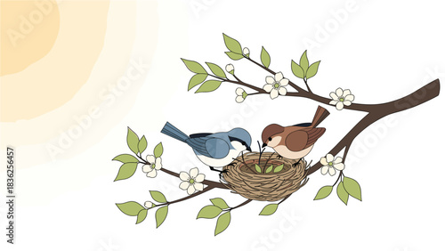 Birds Nest in Spring: A charming illustration of two birds tending to their nest amongst blooming branches under a warm sun.