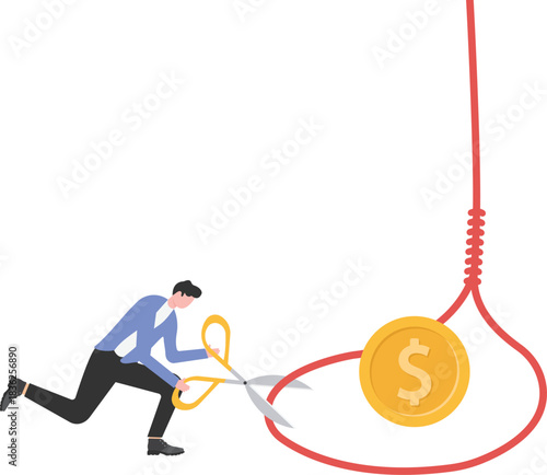 Businessmen use giant scissors and cut off fishing hook. Fight against scam, internet phishing.

