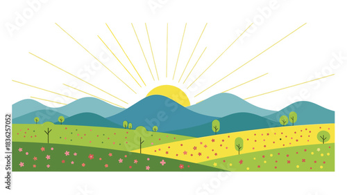 Illustration of a serene landscape with rolling hills, a bright sun, green fields, blooming flowers, and scattered trees in a flat design style.