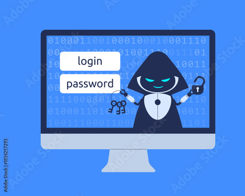 AI robot with encryption keys and padlock icon. Vector illustration for cybersecurity articles, social media posts, presentations