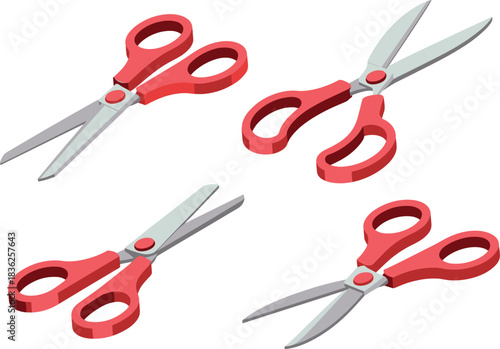 Isometric illustration set of scissors with red handles and metal blades, school office cutting tools for craft design, stationery and education materials