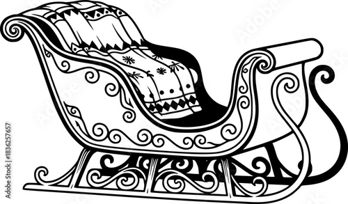 Vintage ornate sleigh with elegant decorative swirls and patterned blanket, classic winter holiday transport
