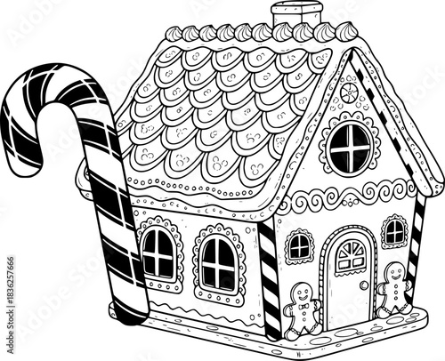 Charming gingerbread house with candy cane accent, , evoking magic and sweetness of holiday season

