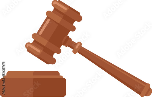 Flat design illustration of wooden judge gavel and sound block, legal justice symbol for law firms, courtroom decisions, auctions and authority concepts