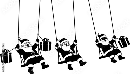 Three cheerful santas on swings holding christmas presents silhouette
