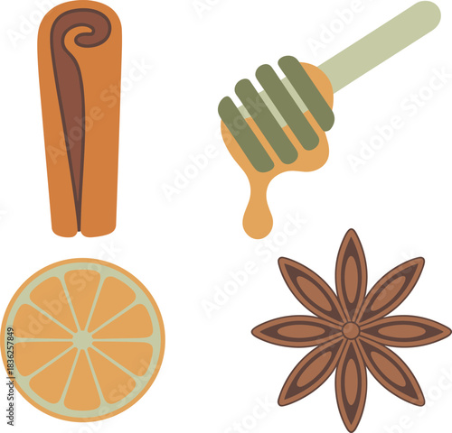 Flat illustration of cinnamon stick, orange slice, honey dipper and star anise, natural spice and citrus ingredients for cooking and wellness designs
