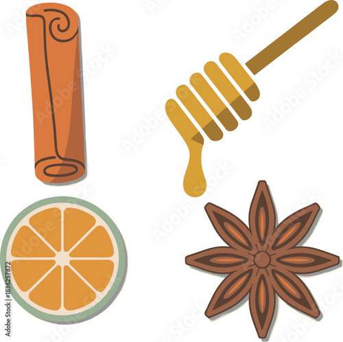 Flat illustration of cinnamon stick, orange slice, honey dipper and star anise, natural spice and citrus ingredients for cooking and wellness designs