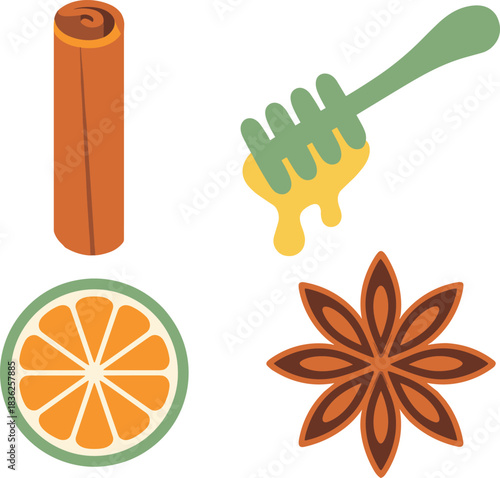 Flat illustration of cinnamon stick, orange slice, honey dipper and star anise, natural spice and citrus ingredients for cooking and wellness designs