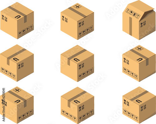 Isometric cardboard packaging boxes arranged in grid layout, 3D shipping parcel illustration with fragile symbols, delivery logistic design elements, ecommerce storage