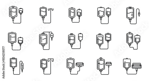 Set of fifteen intravenous IV fluid bag and drip icons in clean line art