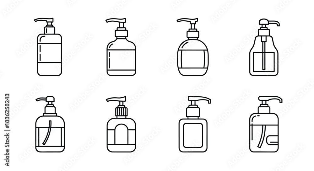 Fototapeta premium Set of eight different soap dispenser pump bottle icons in clean line art style
