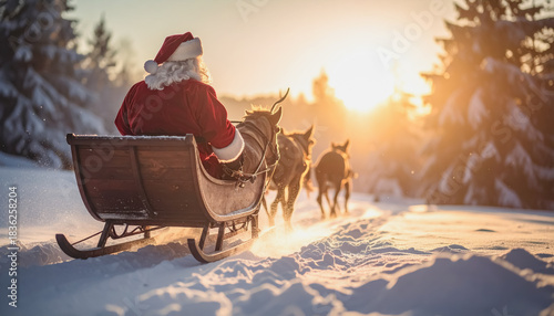 Santa Claus in a sleigh on a cold winter evening sunset, back vi