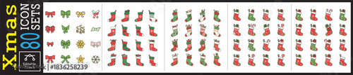 Festive Christmas icons featuring stockings and bows, perfect for holiday designs and adding a touch of winter cheer to your projects