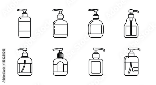 Set of eight different soap dispenser pump bottle icons in clean line art style
