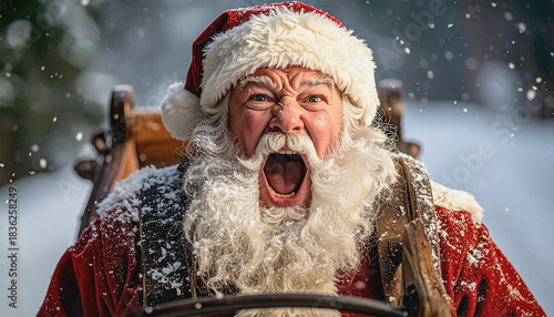 Santa shouted in a sleigh on a cold winter evening sunset, front view, close-up. Illustration.