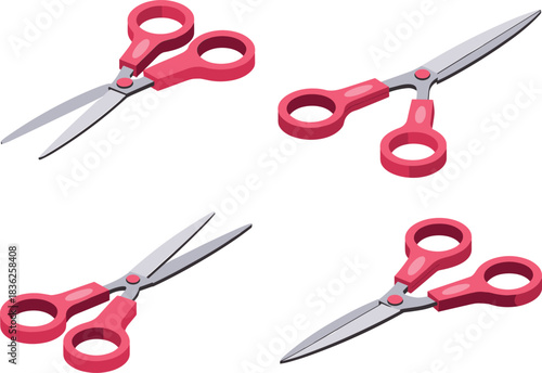 Isometric illustration set of scissors with red handles and metal blades, school office cutting tools for craft design, stationery and education materials