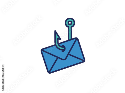 Stylized Blue Envelope Icon with Fishing Hook Symbolizing Phishing Attack and Email Scam on Light Background