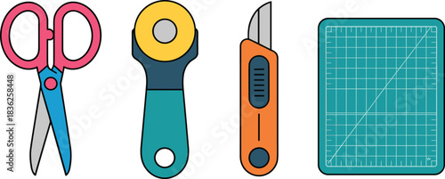 Isometric illustration set of scissors with red handles and metal blades, school office cutting tools for craft design, stationery and education materials