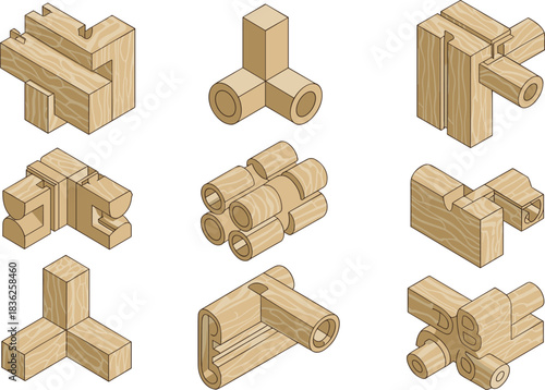 Isometric wooden joinery connection set featuring traditional carpentry joints, detailed woodwork illustration for construction design, woodworking techniques, furniture building elements