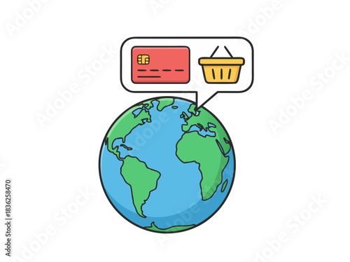 Stylized Earth with Shopping Cart and Credit Card Icons in Speech Bubble Representing Global E-commerce and Online Transactions