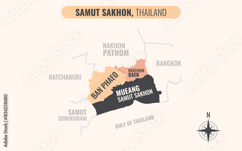 A map showing Samut Sakhon Thailand divided into districts in a minimalist colorful style.eps