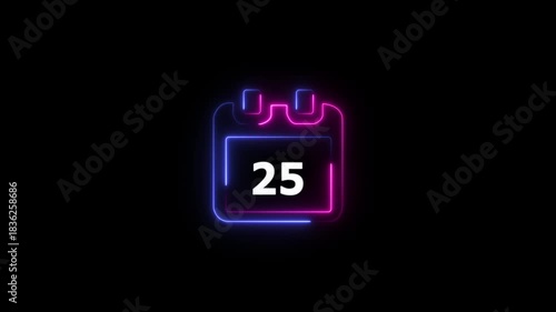 Abstract glowing neon 25 December icon animation with dark background.Icon with snow, Santa Claus, gift box, candy cane, bells, snowman and reindeer animation.
